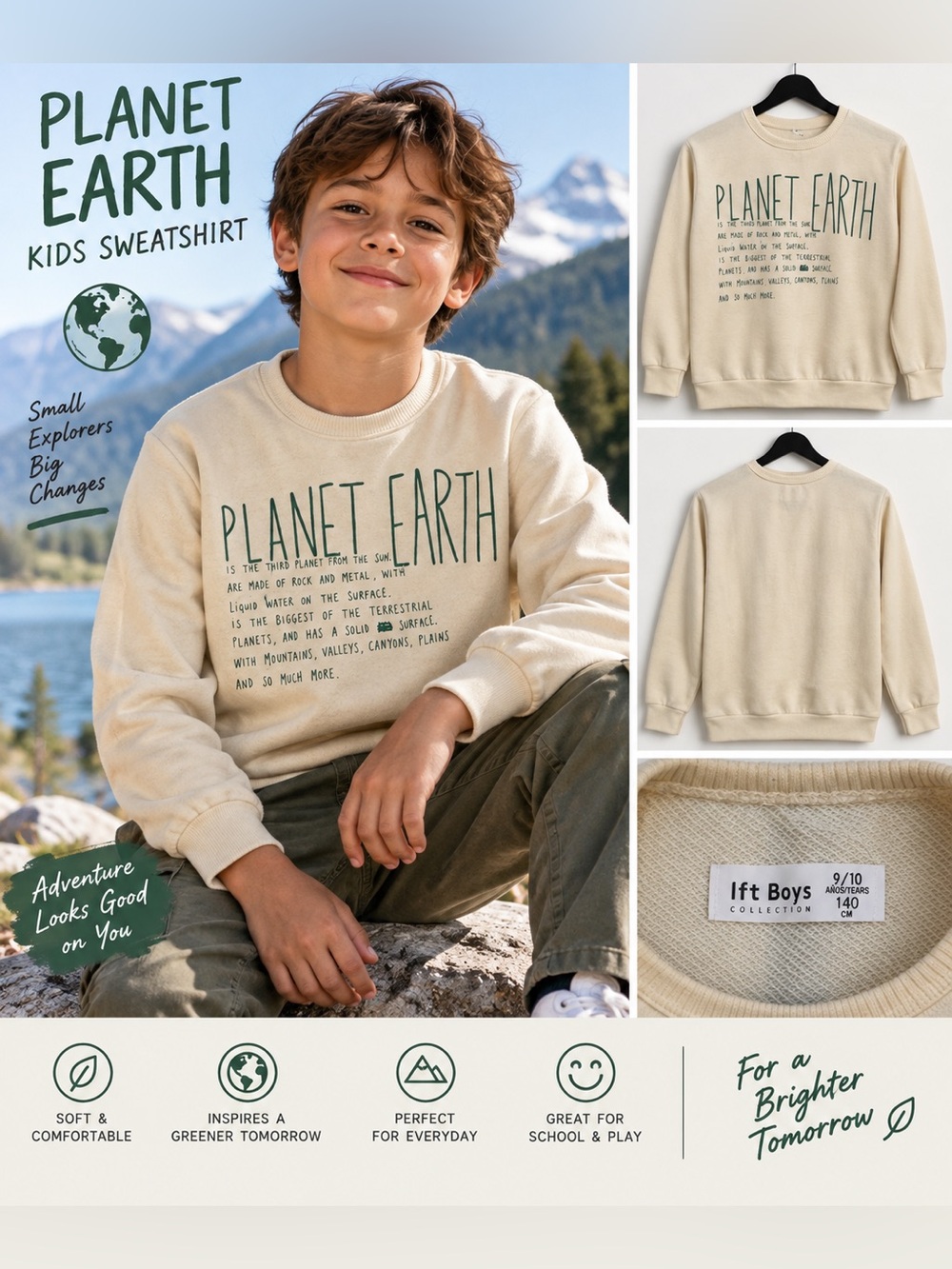 Planet Earth Graphic Crewneck Sweater long sleeves Cream kids size 9-10y 140cm